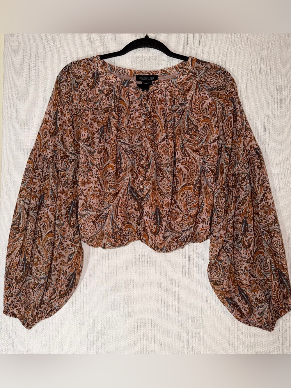 Rachel Zoe Women's Paisley Long Sleeve Boho Blouse Pink Brown Blue Size M